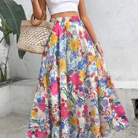 Women's Floral Print A Line Skirt, Boho Fashion Casual Elastic Long Skirt for Daily Holiday Vacation Wear, Ladies Bottoms for All Seasons, Elegant Casual Skirt