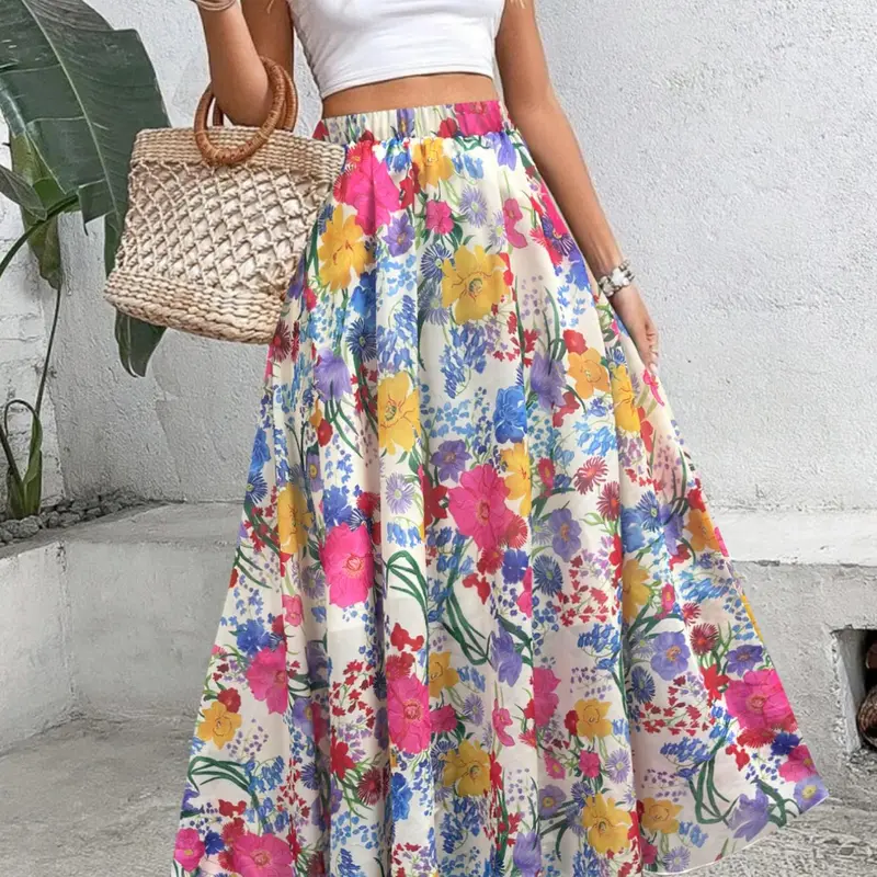 Women's Floral Print A Line Skirt, Boho Fashion Casual Elastic Long Skirt for Daily Holiday Vacation Wear, Ladies Bottoms for All Seasons, Elegant Casual Skirt