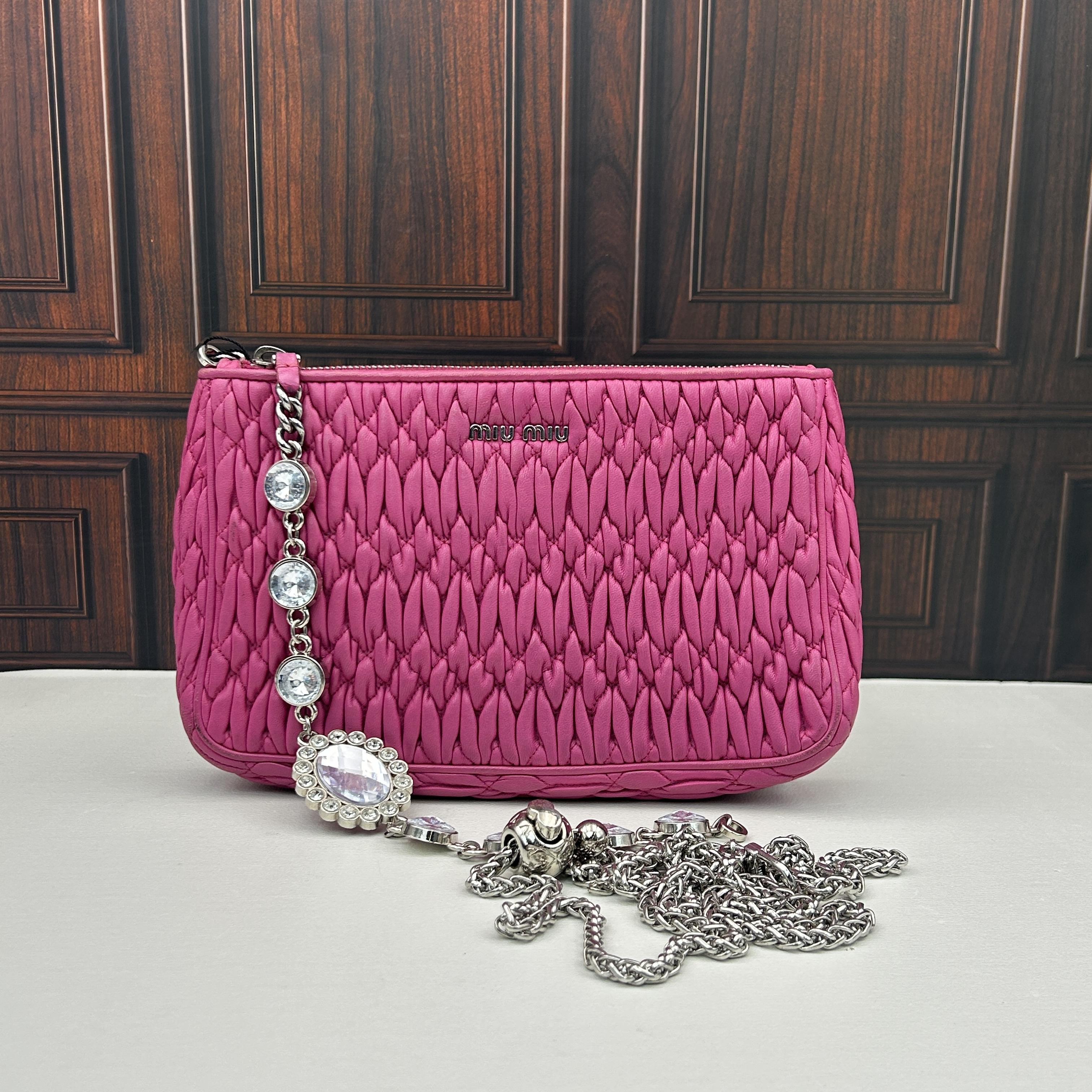 Pre-owned miu miu Matelasse Hot Pink Ruched Nappa Crystal Chain Under‑Arm Shoulder Bag 888