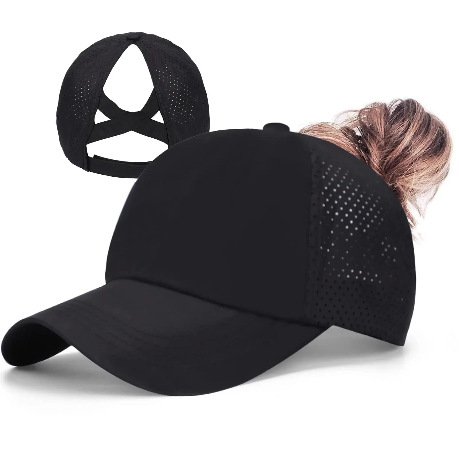 Adjustable High Messy Bun Ponycap Quick Drying Mesh Hats Womens Criss Cross Ponytail Baseball Cap