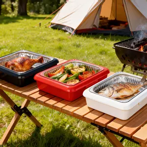 New Portable Aluminum Foil Insulation Tray with Lid - Plastic Rectangular Lunch Box Heat-Preserving Outdoor Picnic Container for Camping Travel Picnics - Compatible for BBQ, Office Meals & Leftovers