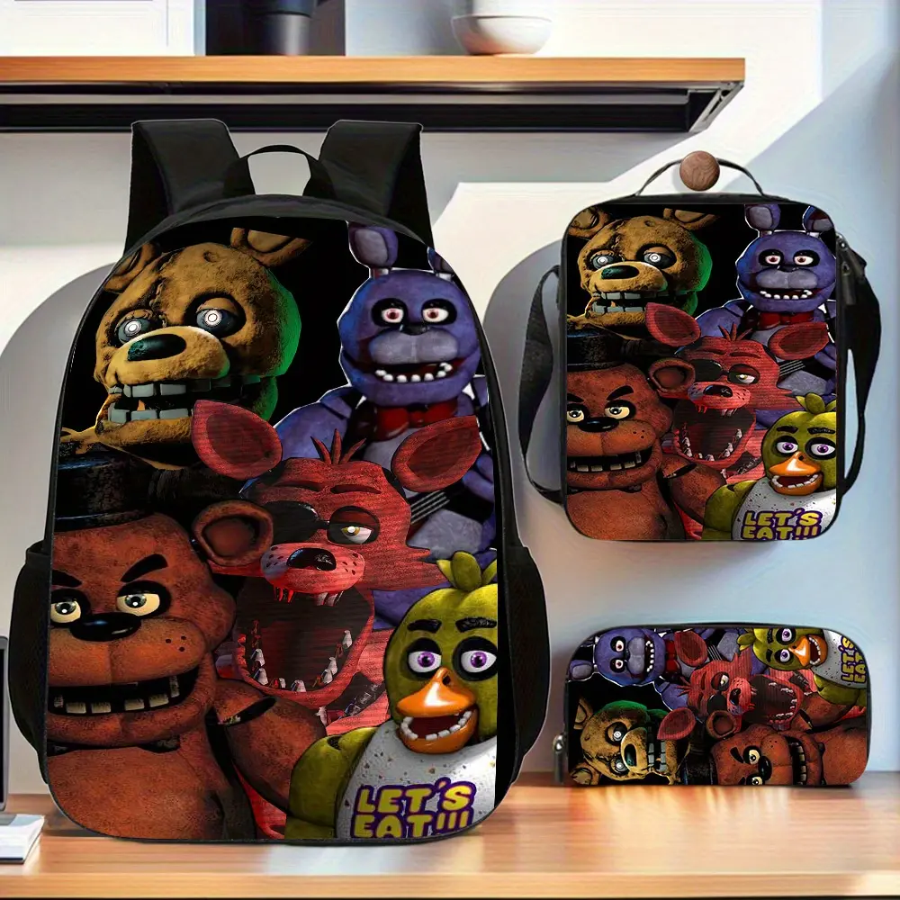 5 Nights at Freddy's Bonnie & Foxy Animatronic Crew Character Print 3PCS Kids Backpack Set, 600D Oxford Cloth, 15in Laptop Fit, Lunch Box, Pencil Case, Adjustable Breathable Straps, for School/Travel/Holiday