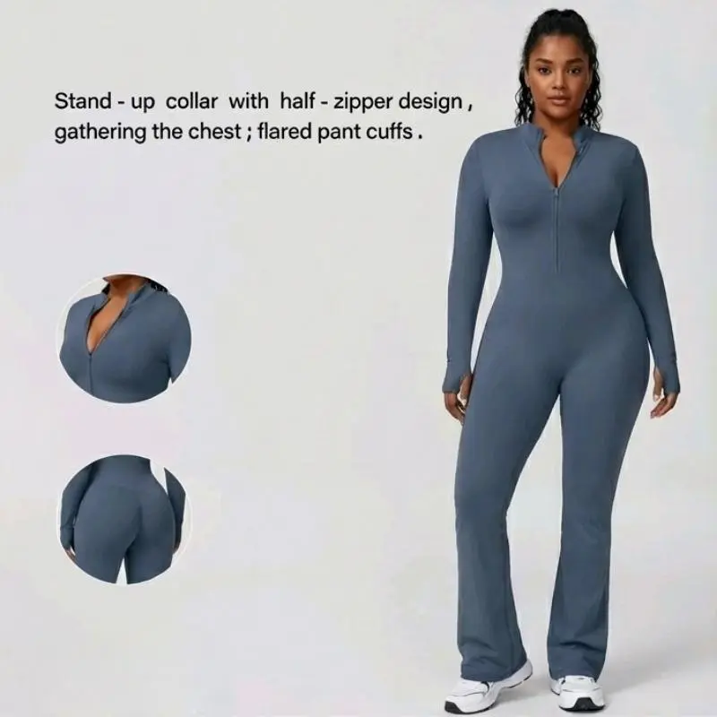 Sculpt Touch Long Sleeve Wide Leg Yoga Jumpsuit – One Piece Flared Activewear with Front Zipper