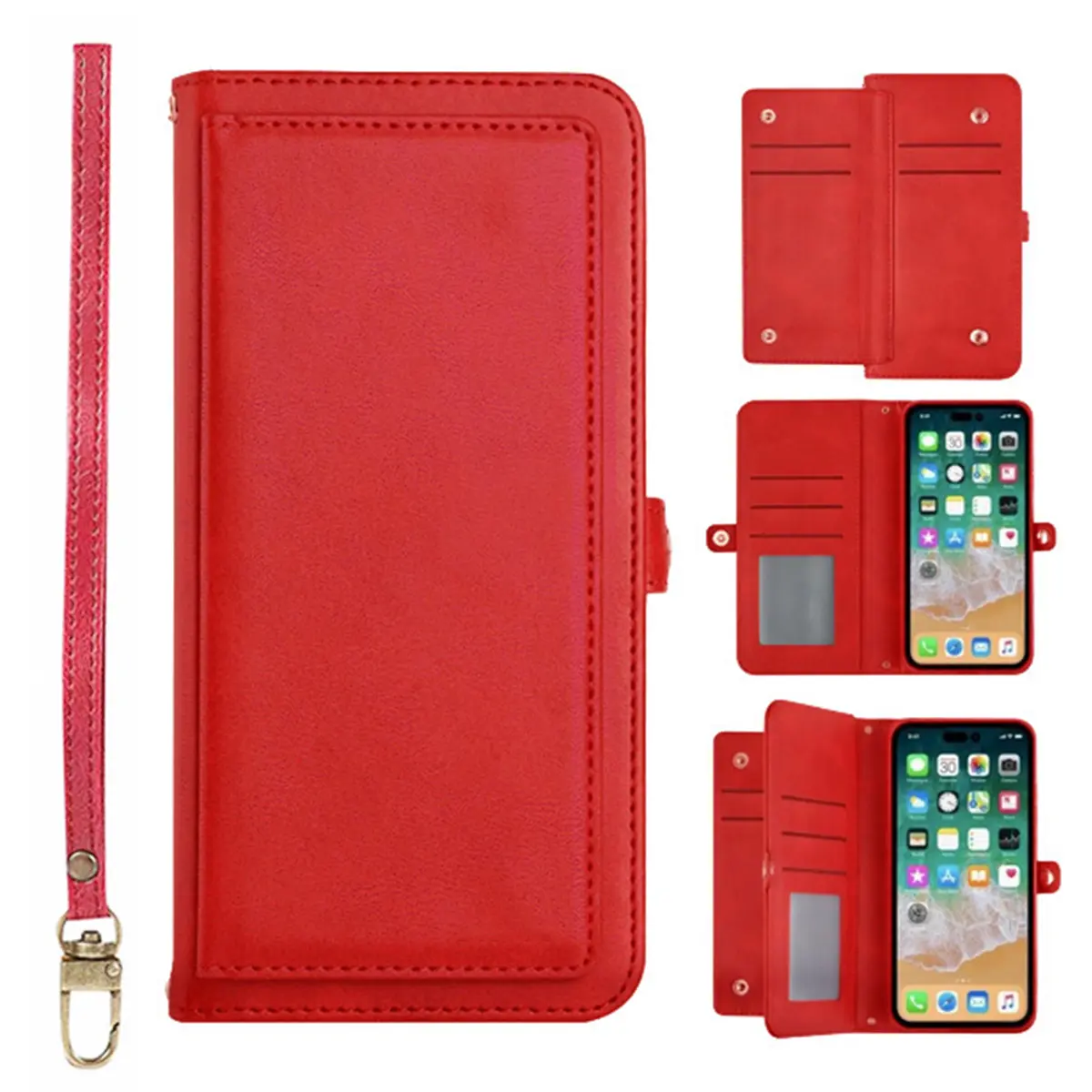 Multi-Model PU Leather Flip Folio Wallet Case for iPhone 17/17 Air/17 Pro Max/16/12/13/13 Mini/14/15 Pro Max/15 Plus, Wireless Charger Compatible, Magnetic Snap Closure, Card Holder Slots, Protective Phone Cover
