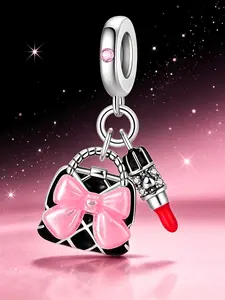 Handbag & Lipstick Dangle Charm, Bow Enamel Bead Fit Pandora Bracelet, Fashion Jewelry Gift for Women, Stylish Accessory