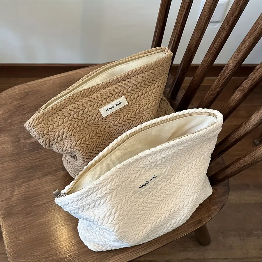 Makeup Bag, Poly Cotton Zipper Bag, Textured Cosmetic Pouch for Women, Vintage Cosmetic Bag, Travel Cosmetic Bag, Travel Essentials, Makeup Storage Bag, Portable Cosmetic Bag, Travel Beauty Bag, Cosmetics Bag