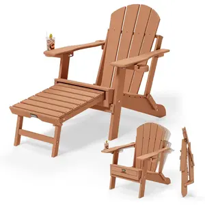 VINGLI Back-Adjustable Plastic Folding Adirondack Chairs with Retractable Footrest & 2-in-1 Cup Holders, Waterproof HDPE Outdoor Fire Pit Chairs for Patio, Pool, Capacity 400 LBS, Teak