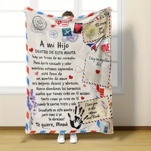 1pc Spanish Letter Printed Flannel Blanket for My Son, Soft Skin-Friendly Shawl, Nap, Sofa, Holiday Gift, Bed Blanket, 280GSM