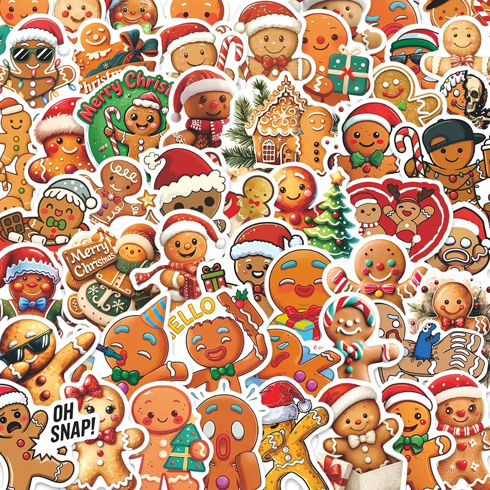 56Pcs Christmas Gingerbread Stickers Pack, Waterproof Cute Festive Holiday & Christmas Character Vinyl Decals for Laptop, Water Bottle, Journal & Scrapbook, Christmas Gift