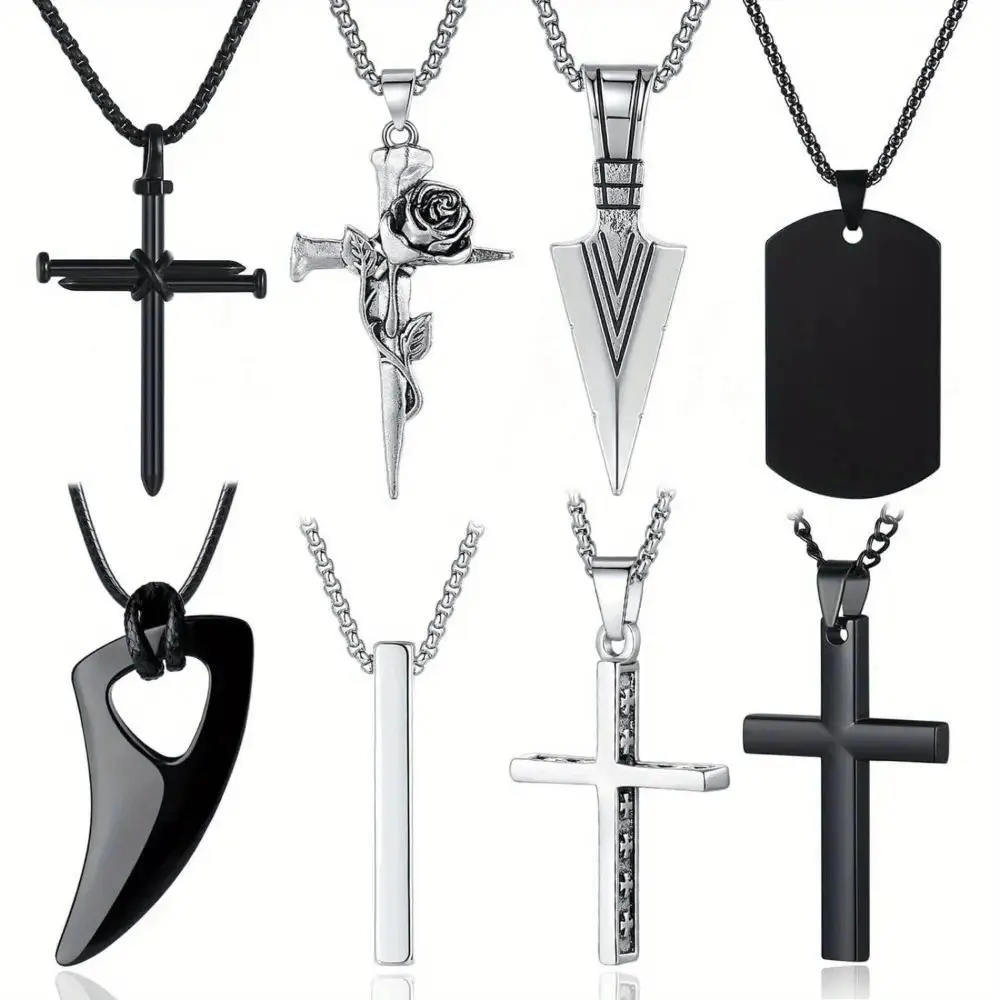 Men's 8-Piece Hypoallergenic Stainless Steel Necklace Set, Black & Silver Cross Design Chains with Cross Charm Pendants, 16-24 In Daily Wear Necklaces, Cross Charm Necklace