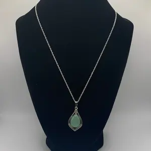 Natural Green Aventurine Pendant Necklace, Silver Rhinestone Gemstone Necklace