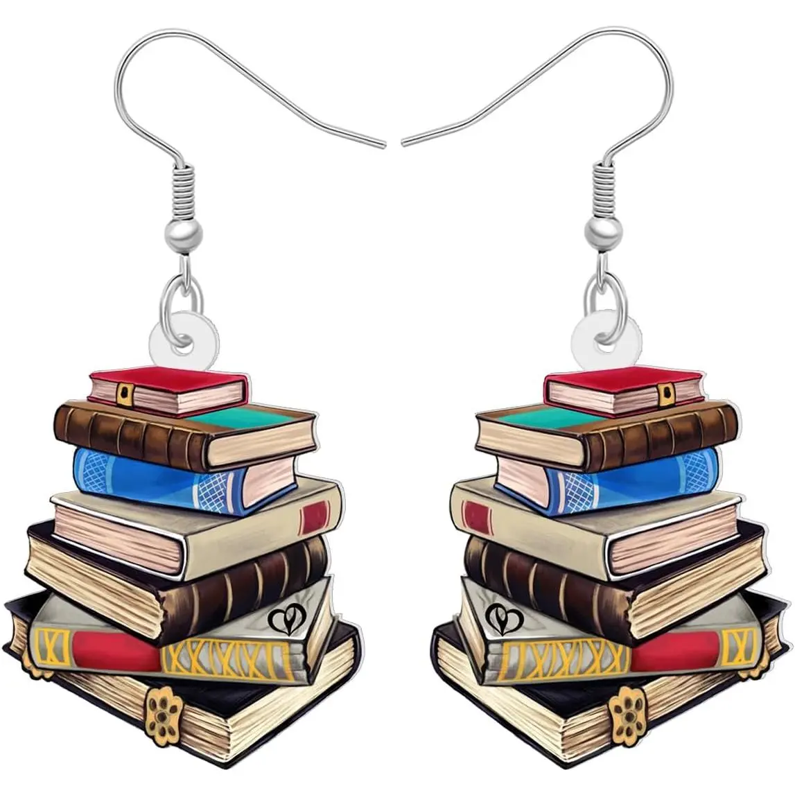 Book Stack Drop Earrings for Women, Novelty Synthetic Dangle Costume Jewelry, Funny Gift for Teachers and Librarians, Books, Female, Modern, Repro-Free, All Seasons