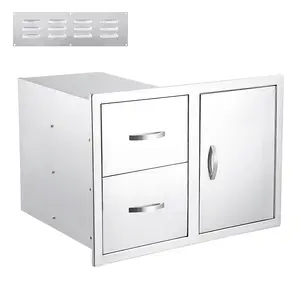 High-quality Stainless Steel Outdoor Kitchen Storage Cabinet - 33"W x 22"H x 22"D - Built-in Drawer & Access Door Combo for BBQ Island Grill Station - Paper Towel Rack & Multi-Drawer Recessed Cabinet