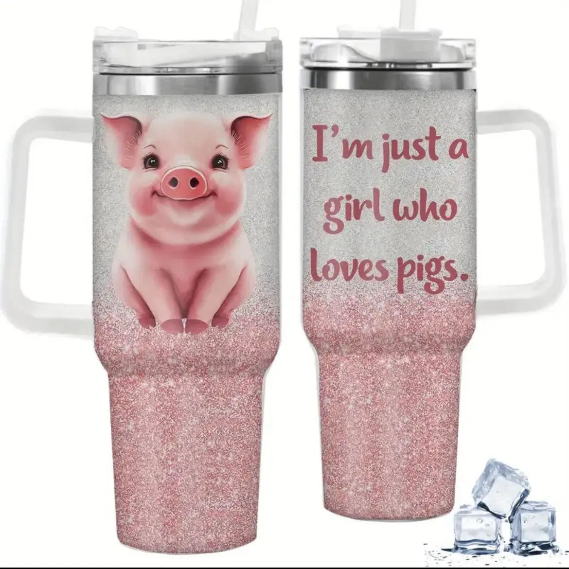 Stainless Steel 40 oz Sparkling Pig Design Tumbler - Drinkware Flasks
