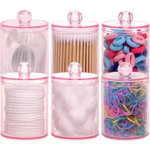 6 Pack Qtip Holder, 10-Ounce Apothecary Jars with Lids for Cotton Ball Swab Pad Dispenser, Bathroom Canisters Organizer (Pink)