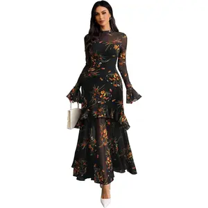 Womens Floral Maxi Dress Sheer Mesh Bell Sleeve Tiered Ruffle Gothic Romantic Casual Long Dresses