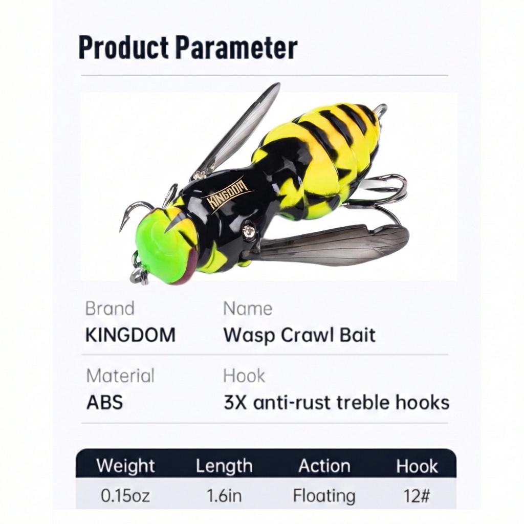 Realistic Topwater Wasp Crawling Fishing Lures Insect Design Noisy Splash Action Floating for Bass and Trout Fishing Anglers, Wasp Lure