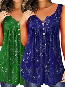 2-Pack Women's Fashion Spring Summer Open Front Button Print Top Loose Fit, Chest Ruched Daily Casual T-Shirt Vest Sleeveless, Stylish and Comfortable, Casual Summer Tops