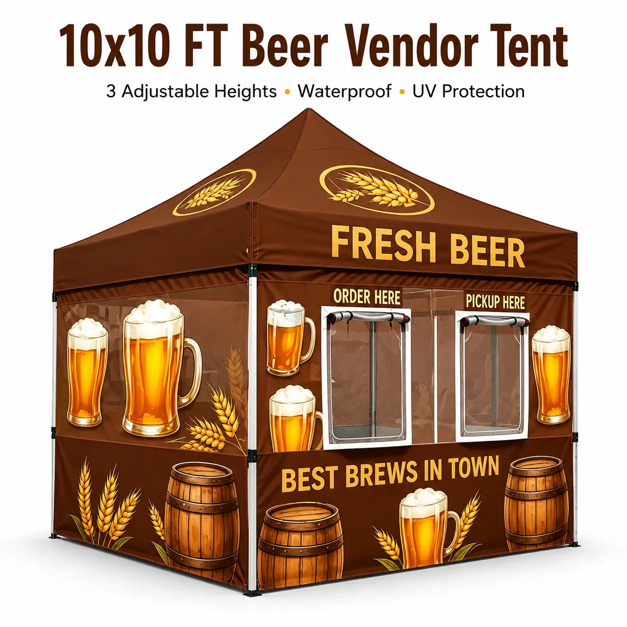 Beer Vendor Tent with Sidewalls, Waterproof UV Pop Up Canopy, 40mm Hex Aluminum Frame & Dual Service Windows Tent for Business Event Booth