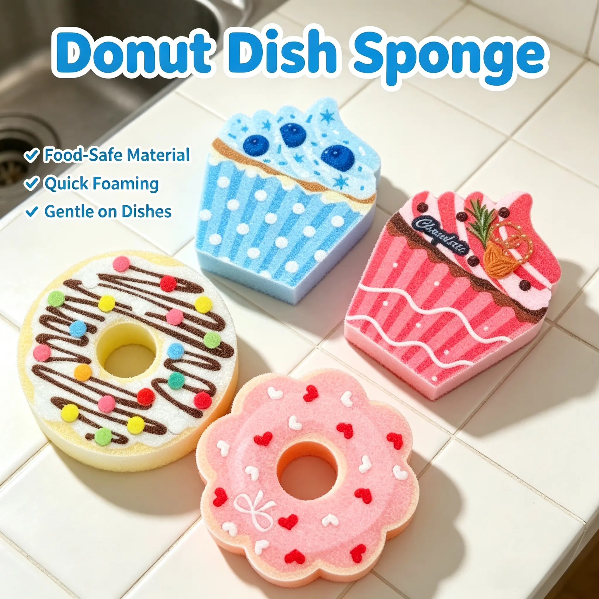 4-Pack Cute Donut & Cupcake Shaped Dish Sponges, Dual-Sided Non-Scratch Foam Pads, Reusable Home Cleaning Tools for Pots Pans Tableware, Novelty Home Care Gadget Gift