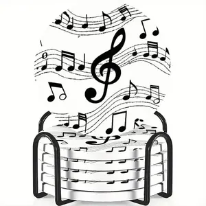 6-piece ceramic coaster set, themed "Melody Symphony": a blend of round black and white musical notes and treble clefs. Heat-resistant, non-slip coasters with holders, perfect for home, dining, and as beverage mats.