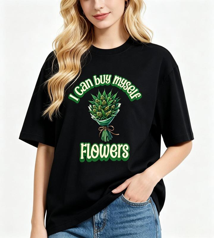Women's Boho Cute Self-Love Quote T-Shirt - Breathable Pure Cotton Short Sleeve Crew Neck, Well-Fitted "I Can Buy Myself Flowers Bouquet" Graphic Tee