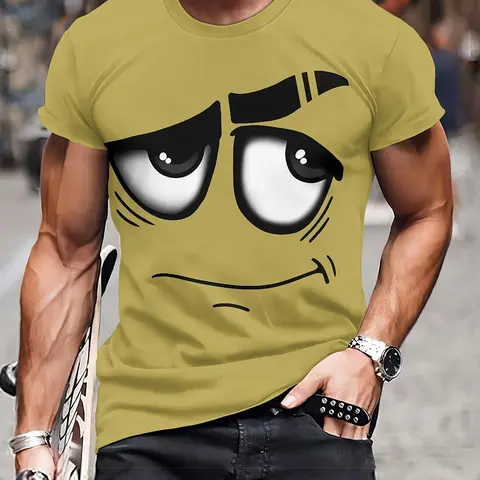 Cartoon Emoji Print Short-Sleeve Slim Fit Long T-Shirt, Casual Round Neck, Tops, a Fun and Trendy Casual Streetwear Style, Man, Menswear, Clothes