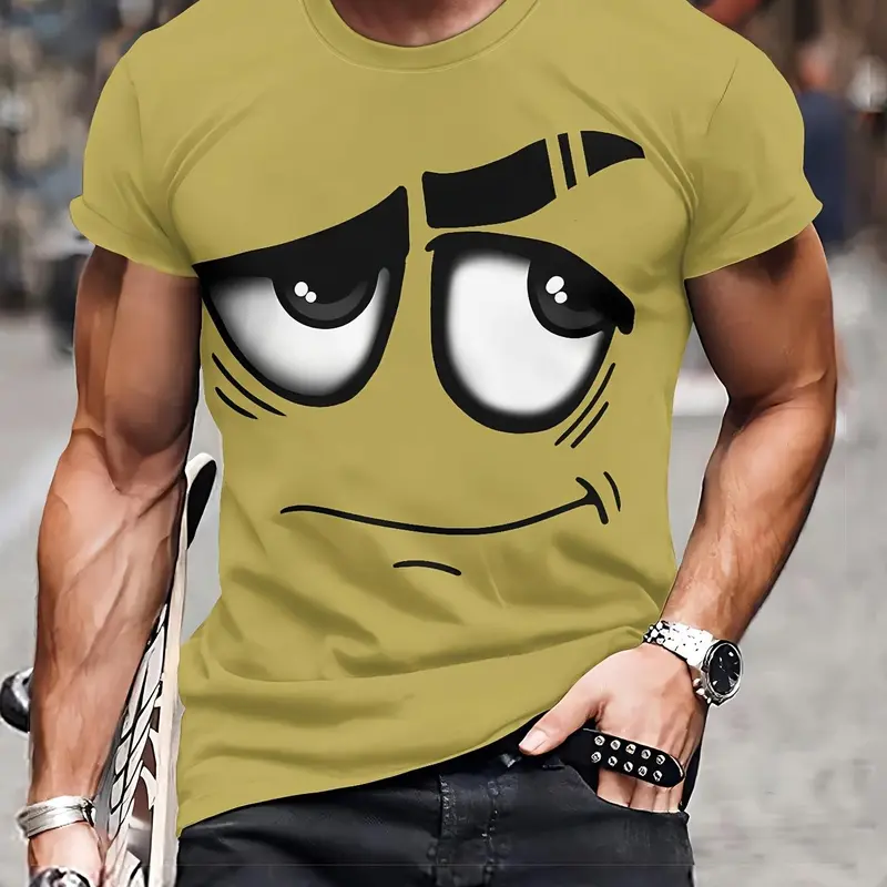 Cartoon Emoji Print Short-Sleeve Slim Fit Long T-Shirt, Casual Round Neck, Tops, a Fun and Trendy Casual Streetwear Style, Man, Menswear, Clothes