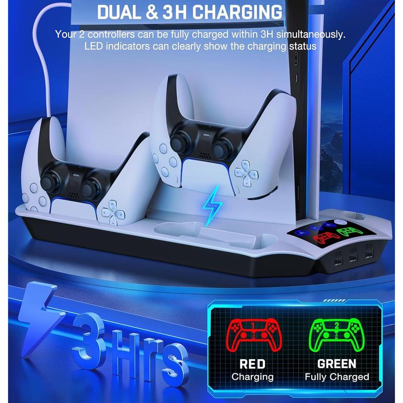 PS5 Slim Stand and Turbo Cooling Station with Dual Controller Charger Station for Playstation 5, PS5 Console Accessories with 3 Levels Cooling Fan 13-Game Organizer Headset Holder for PS5 Digital/Disc