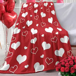 100% Polyester Flannel Weave Throw Blanket, Romantic Heart Print, Red-White, Soft Multi-Size Bedding/Sofa Blanket (50"x60"), Valentine Gifts for Women