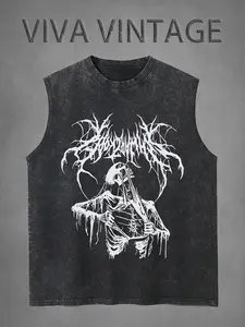 Skeleton Death Metal Graphic Acid Wash Muscle Tank | Gothic Black Metal Streetwear Casual Sleeveless Top Muscle Singlet