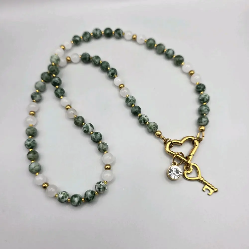 Green Spot Jasper & White Jade Necklace | 18K Gold PVD Stainless Steel | Handmade Boho Jewelry | Heart Charm Necklace