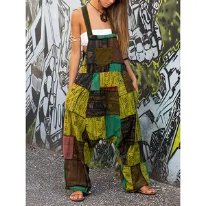 Patchwork Print Overall Jumpsuit, Vintage Baggy Jumpsuit, Women's Clothing