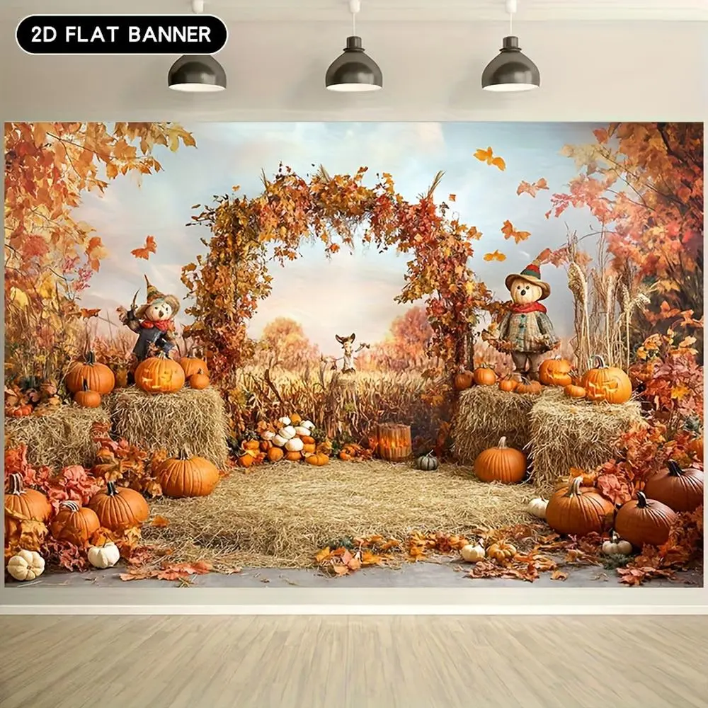 1pc 2D Flat Banner, Harvest Pumpkin Thanksgiving Backdrop with Scarecrow Details, Haystacks and Vibrant Fall Colors for Autumn Scenery Display, No-Power-Required Textile Decoration