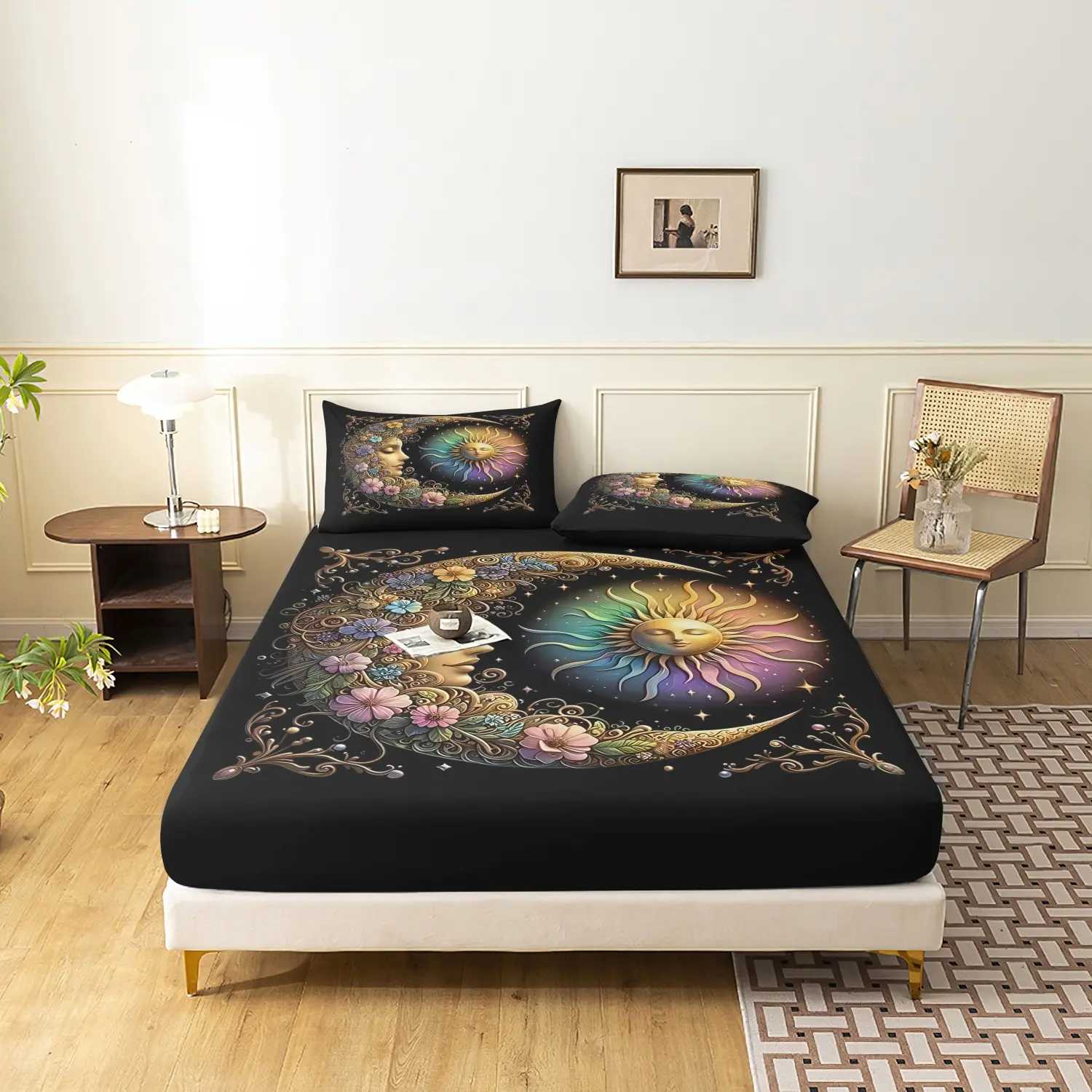 3pcs Art Nouveau Anthropomorphic Sun Moon Fitted Sheet Set Decorative Bedsheet Sets - Bed Linens Bedding for Bedroom Guest Room And Dorm Room (1 Fitted Sheet +2 Pillowcases,No Pillow)