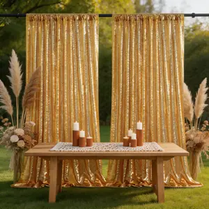 4x8FT Gold Glitter Sequin Drapes (2 Pack), Shining Backdrop Fabric for Wedding Ceremony, Reception, Birthday, Sweetheart Table, Photography Background