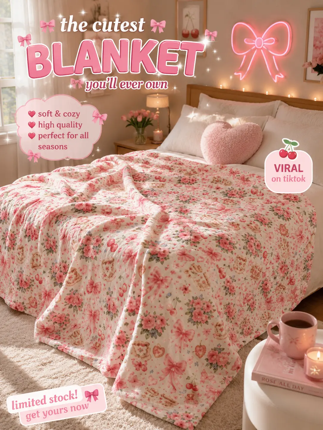 Vintage Pink Floral Pattern Velveteen Plush Blanket | Cottagecore Roses