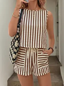 Women's Striped Set, Round Neck Fitted Pullover Top & Shorts, Vintage Style, Casual Commuter Wear, Daily Leisure, Spring Summer