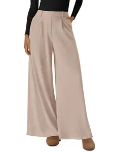 BTFBM Wide Leg Pants for Women Dressy Work Business Casual Elastic High Waisted Trousers Ribbed Lounge Palazzo Pants
