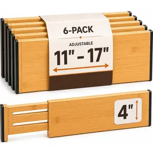 6-Pack Drawer Dividers - 4 Inches High, Adjustable 11 to 17 Inches Bamboo Drawer Organizers, Large Deep Expandable Separators for Clothes, Dresser, Bedroom, Bathroom, Baby, Office, Kitchen Utensils
