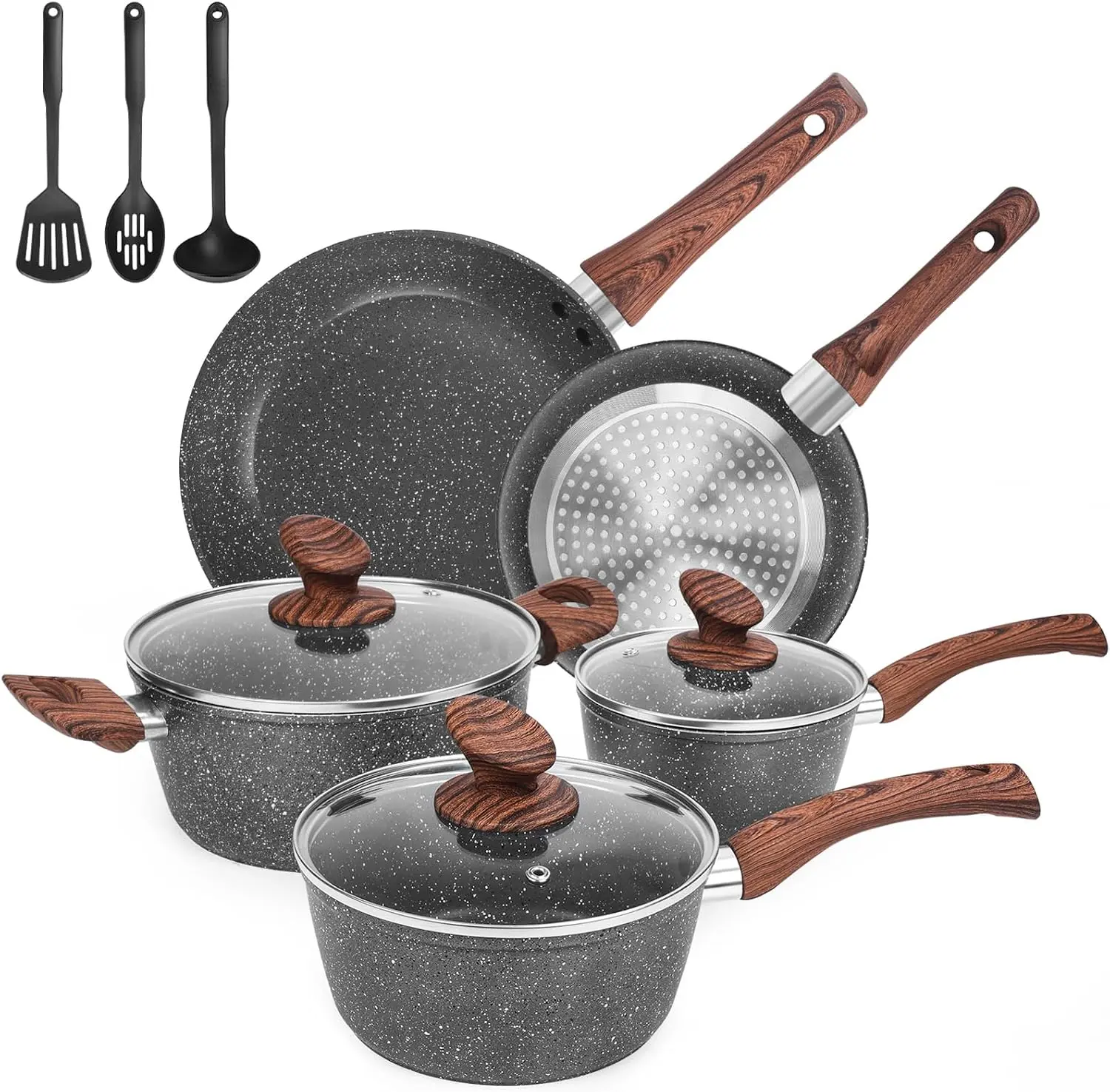 Granite Pots and Pans Set Non Stick, 11 Piece Die-Cast Induction Cookware Set, Nonstick Kitchen Cooking Set w/Frying Pans & Saucepans, PFOA Free