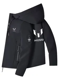 Men's Messi Print Casual High-Quality Hooded Jacket, Spring & Fall Fashion Trendy Zipper Pocket Jacket, Outdoor Sports Motorcycle Jacket