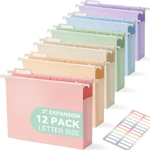 Plastic Extra Capacity Hanging File Folders, 2" Pastel Expanding Pocket, Heavy Duty for Filing Cabinet, Insertable 1/5-Cut Tabs, Letter Size - 12 Pack
