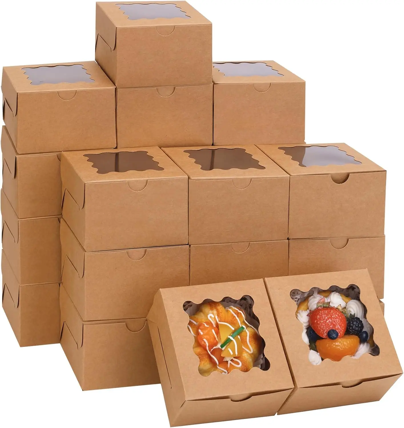 Classic Brown Kraft Paper Square Bakeware Boxes with Window View, 150-Pack 4x4x2.5" (4 x 4 x 2.5 inch) Small Square Box Pastry Containers for Small Cookies, Birthday Gift Ideas