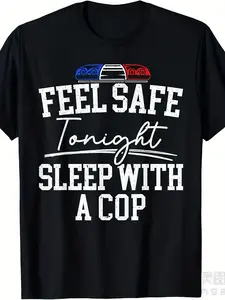 Funny Police Officer T-Shirt for Men & Women - "Feel Safe Tonight Sleep with A Cop" Slogan with Badge & Handcuff Design - Heavyweight 220gsm Pure Cotton Retro Unisex Tee for Police Supporters & Gifts