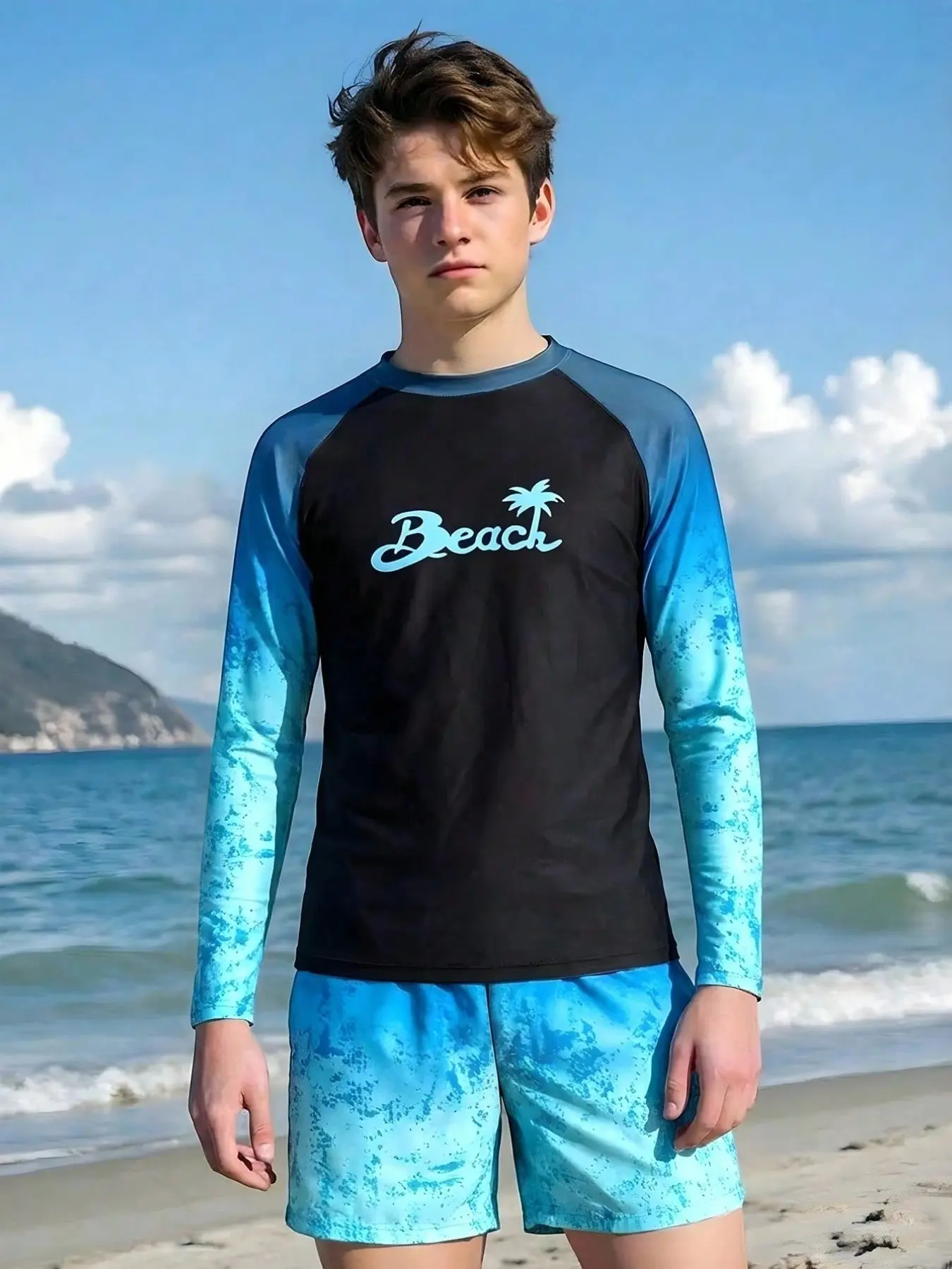 Lightweight Breathable Water Sports Set, Blue Tie-Dye Gradient Kids Summer Swimwear, Long Sleeve + Quick Dry Shorts, Casual All Seasons, Swimsuits With Shorts