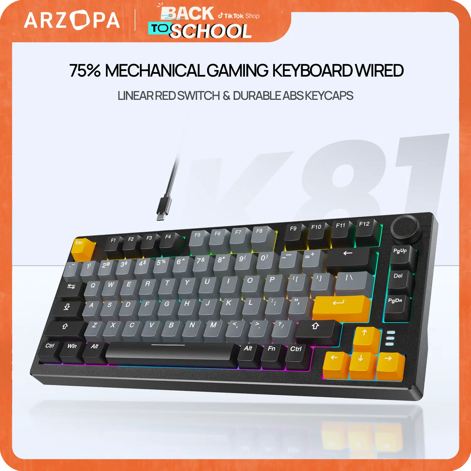 ARZOPA 75% Mechanical Gaming Keyboard Wired, RGB Backlit 81 Keys Compact Mechanical Keyboard Socket Dedicated Red Switch Gasket Mount Keyboard Knob Vo