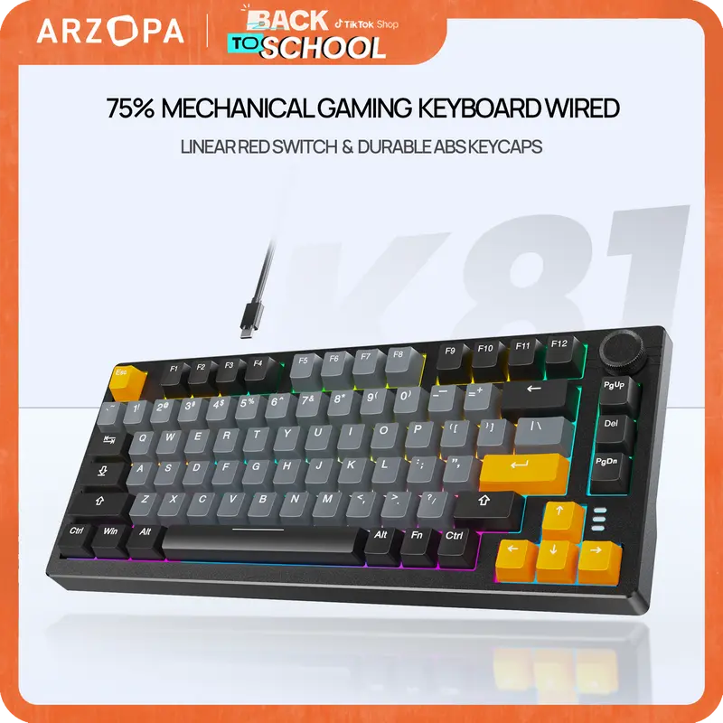 ARZOPA 75% Mechanical Gaming Keyboard Wired, RGB Backlit 81 Keys Compact Mechanical Keyboard Socket Dedicated Red Switch Gasket Mount Keyboard Knob Volume Control Linear Sound Absorbing Pads for Game and Office, Suitable for Windows Laptop PC Mac