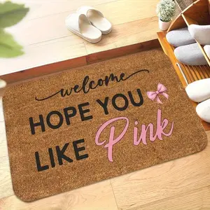 "Welcome Hope You Like Pink" Doormat, Water Absorbent Rug, Natural Coir Background with Pink Cursive Lettering & Bow Accent, Non-Slip Backing. Absorbs Dirt & Moisture, Easy to Clean. Perfect for Girly & Preppy Entryway Decor