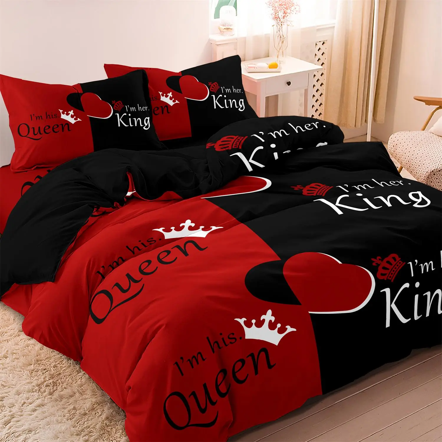 Heart & Letter Printed Bedding Set, 3 Counts/set Including 1 Count Duvet Cover & 2 Counts Pillowcase without Filler, Soft Comfortable Bedding Set for Bedroom, Soft Bedding Sets, Decorative Bedding Set